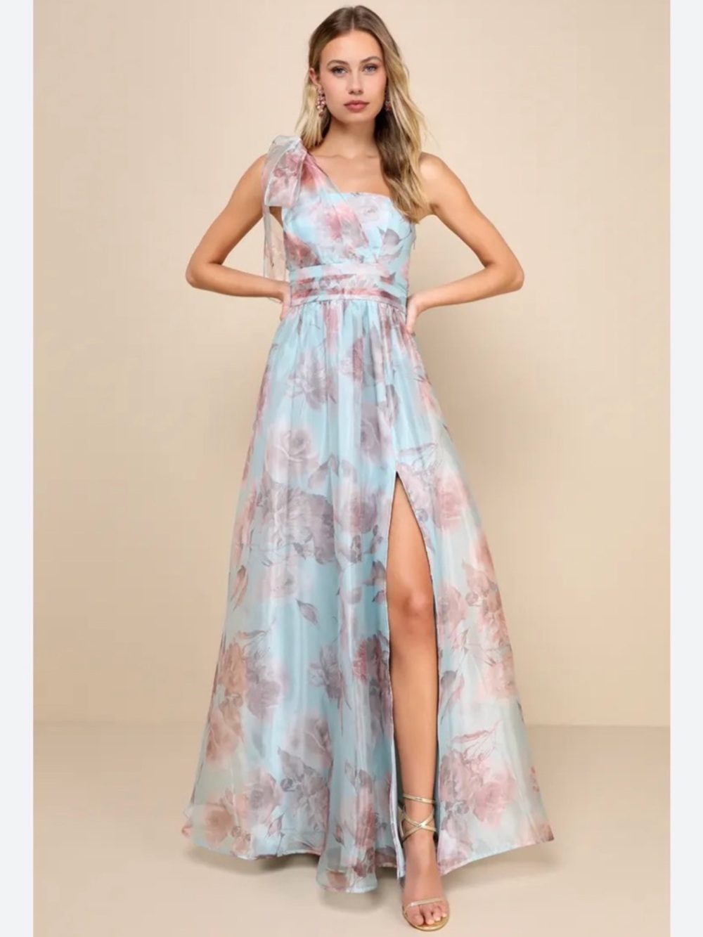 Lulu's One-Shoulder Floral Maxi Dress in Pastel Blue and Blush
